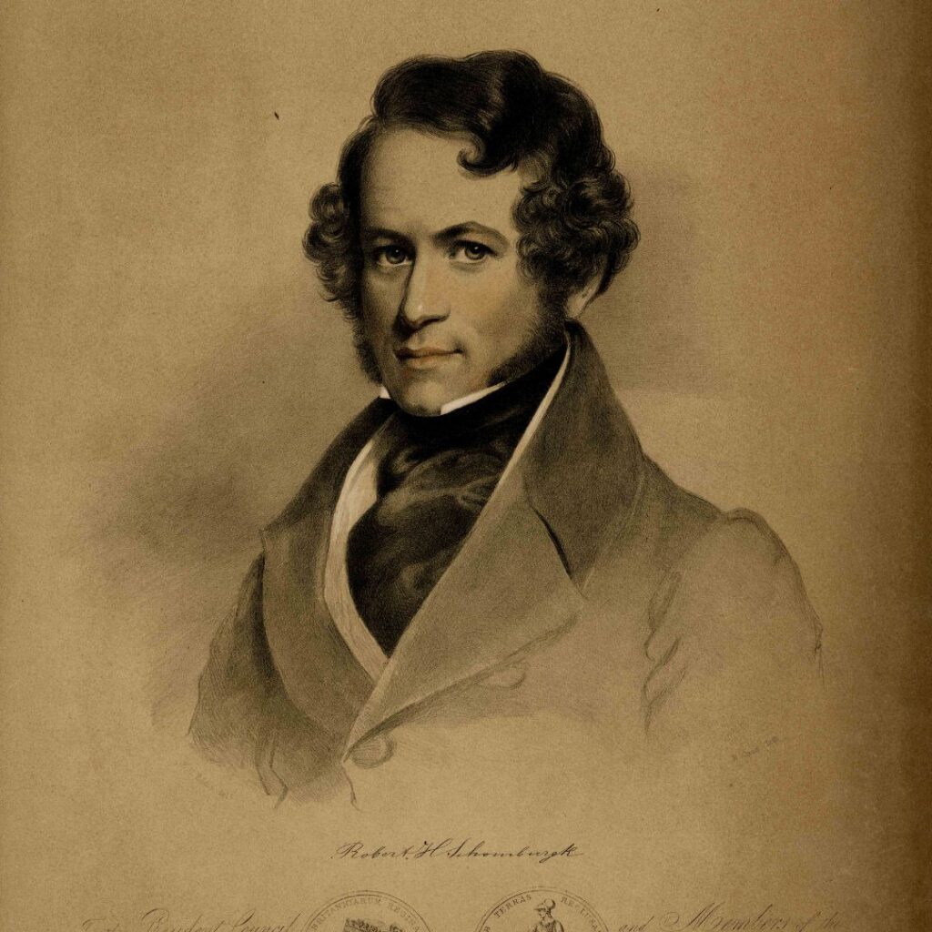 Illustrated portrait from the 19 century. It depictsof a man called Sir Robert Schomburgk