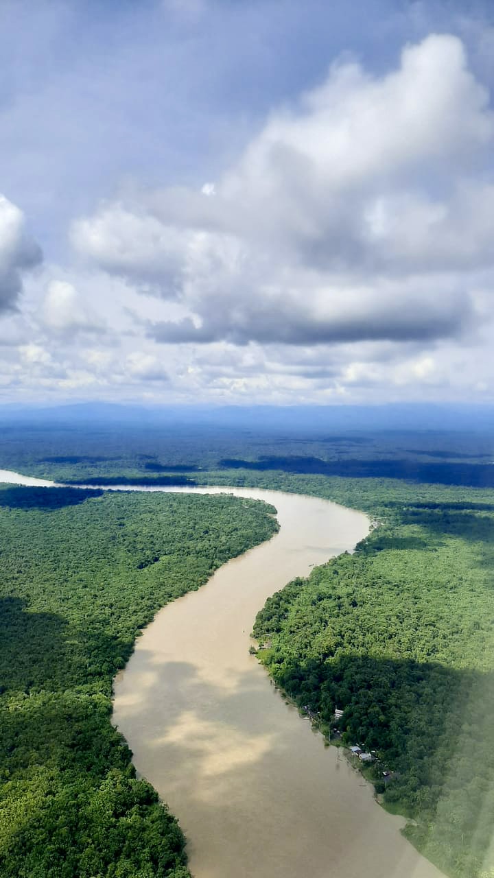 Image of a river with green edges and a cloudy sky