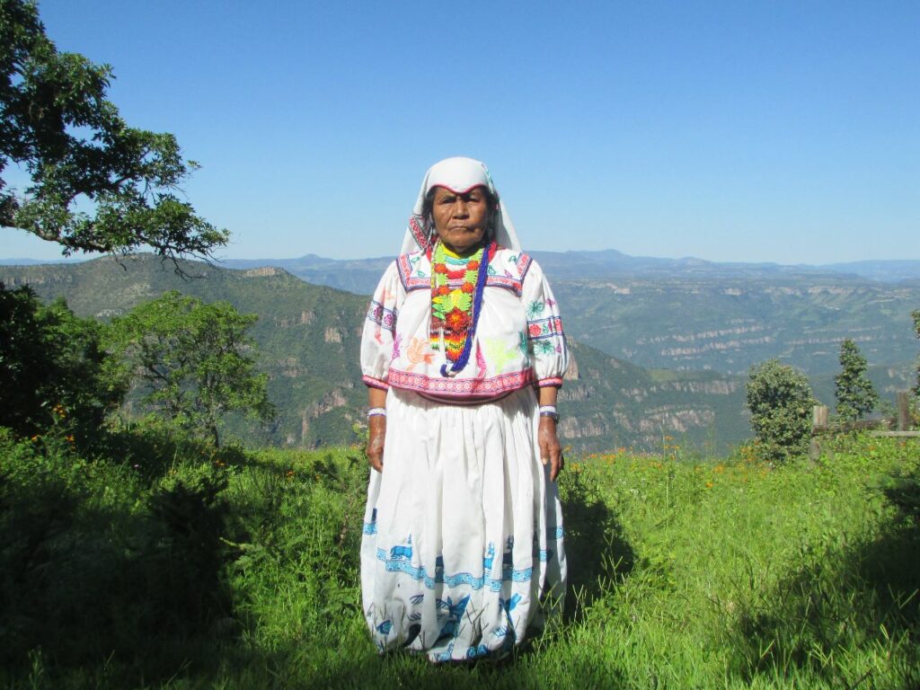Photo of a woman wearing a white dress with a green landscape background