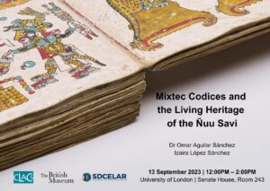 Flyer of a talk called 'Mixtec Codices and the Living Heritage of the Ñuu Savi' showing a close up to an ancient Mesoamerican colourful codex